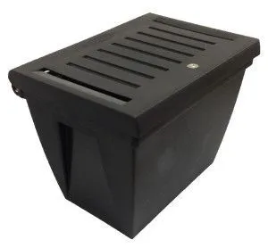 Black plastic rectangular drop box with a louvered lid.