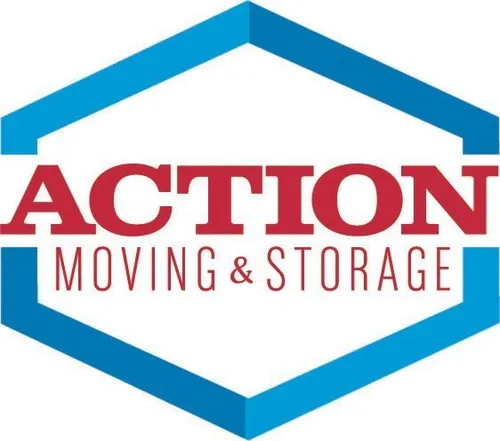 Logo for Action Moving & Storage, featuring red text inside a blue hexagonal outline.