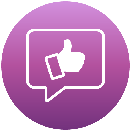 A white thumbs-up icon inside a speech bubble on a purple circular background.